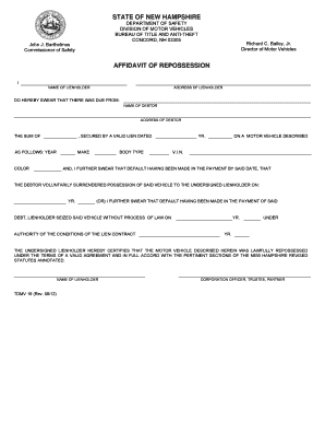 Affidavit of Repossession Form Nh