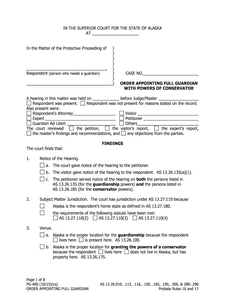 PG 400 Order Appointing Full Guardian with Powers of Conservator 1112 Probate Guardianship Forms