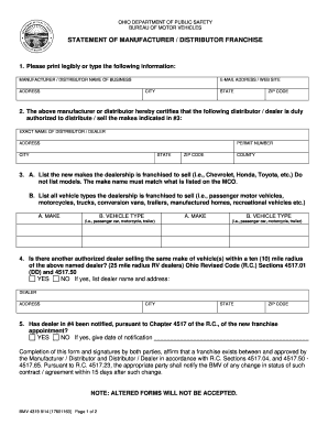 Statement of Manufacturer Distributor Franchise Ohio Department Publicsafety Ohio  Form