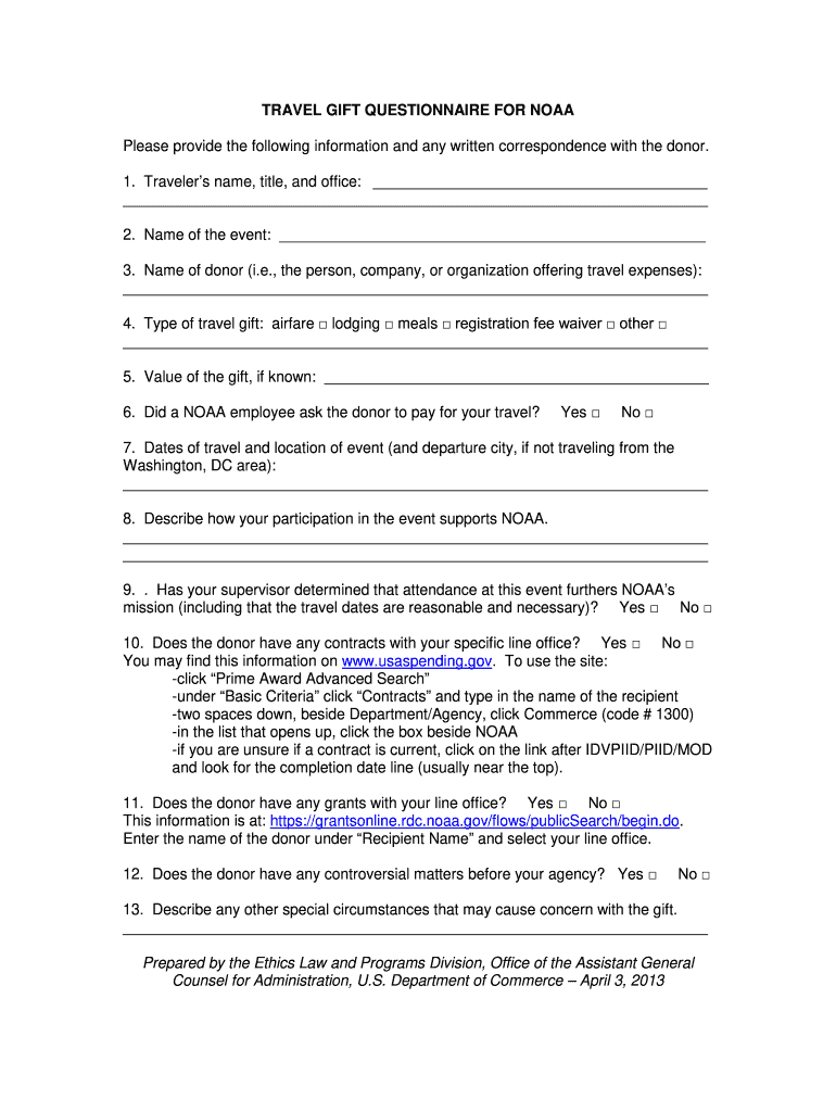 NOAA Travel Gift Questionnaire Department of Commerce  Form