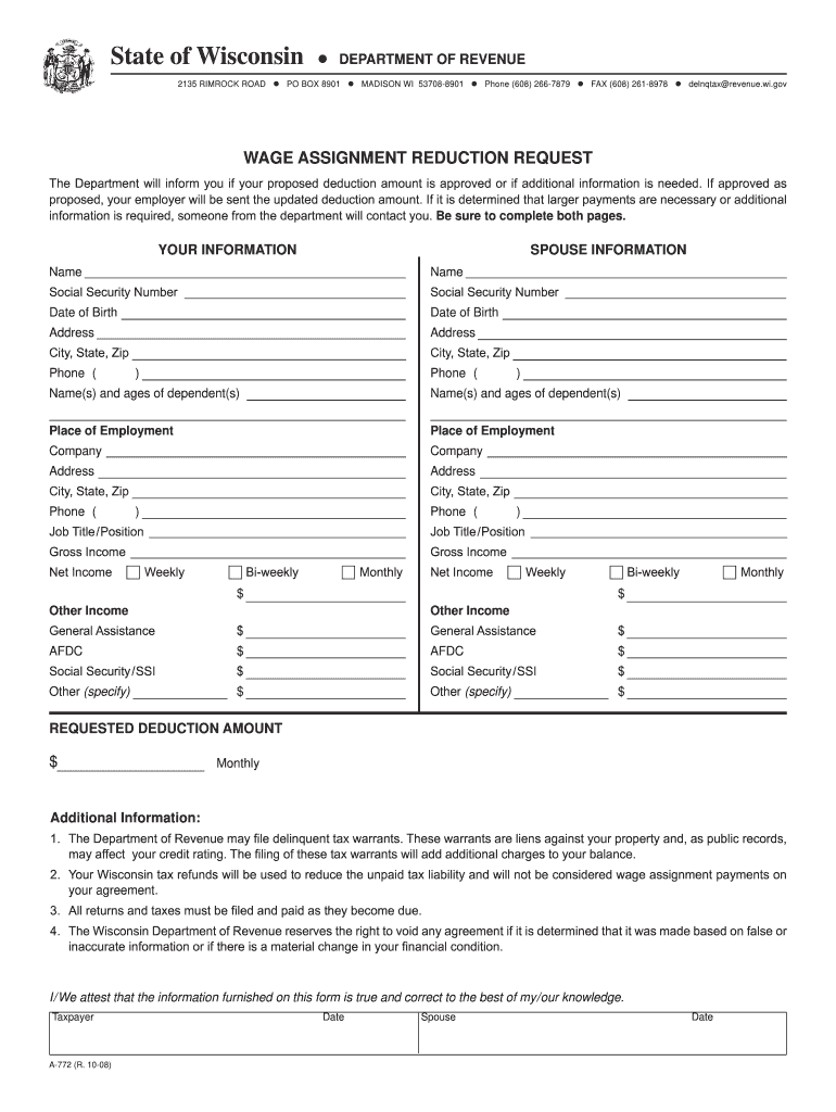 A 772 Wage Assignment Reduction Request Form  Revenue Wi