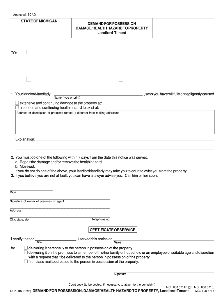  Demand for Possession DamageHealth Hazard  Michigan Courts  Courts Mi 2012