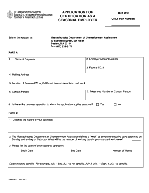  Form 1872, Application for Certification as a Seasonal Employer Mass 2011
