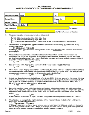 AHTC Form 100, Owner's Certificate Owner's Certificate of Continuing Program Compliance