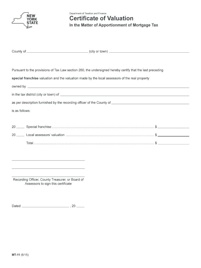 Form MT 11615Certificate of Valuation in the Matter of Tax Ny