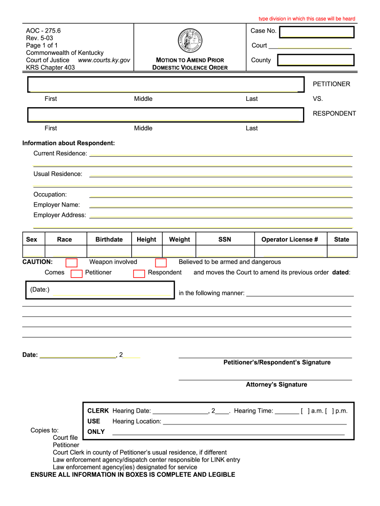  Motion to Amend Prior Domestic Violence Order  Courts Ky 2003