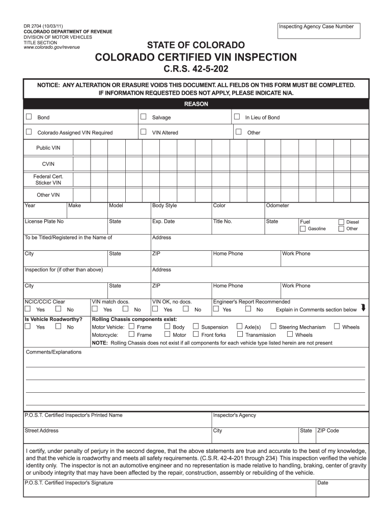 COLORADO CERTIFIED VIN INSPECTION  Colorado Gov  Colorado  Form