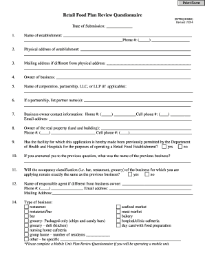 Retail Food Plan Review Questionnaire  Form