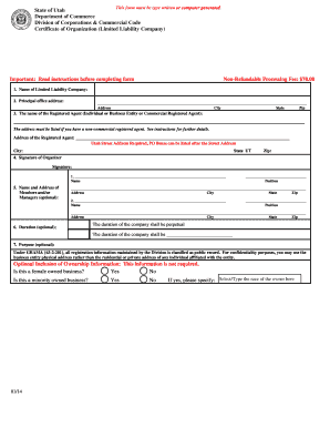Articles of Organization Utah Division of Corporations Utah Gov Corporations Utah  Form