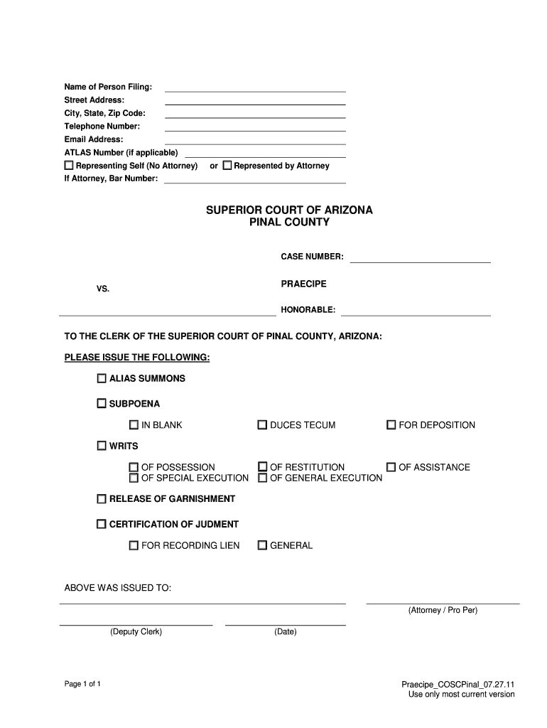 Praecipe Pinal County Clerk of the Superior Court  Form