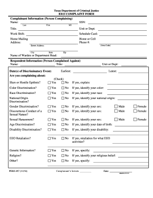  Texas Department of Criminal Justice EEO COMPLAINT FORM Complainant Information Person Complaining Name Last First SSN MI Title  2014