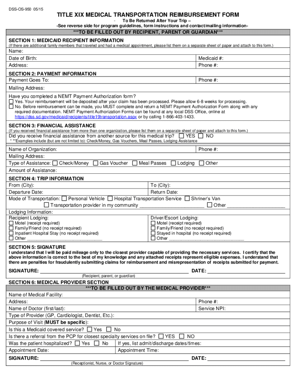 TITLE XIX MEDICAL TRANSPORTATION REIMBURSEMENT FORM Dss Sd