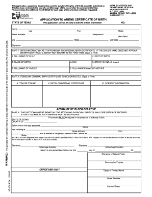 Amendment Form for Birth Certificate