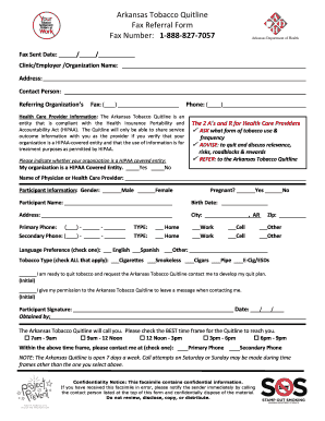 Arkansas Tobacco Quitline Fax Referral Form Fax Number 1 888 Healthy Arkansas