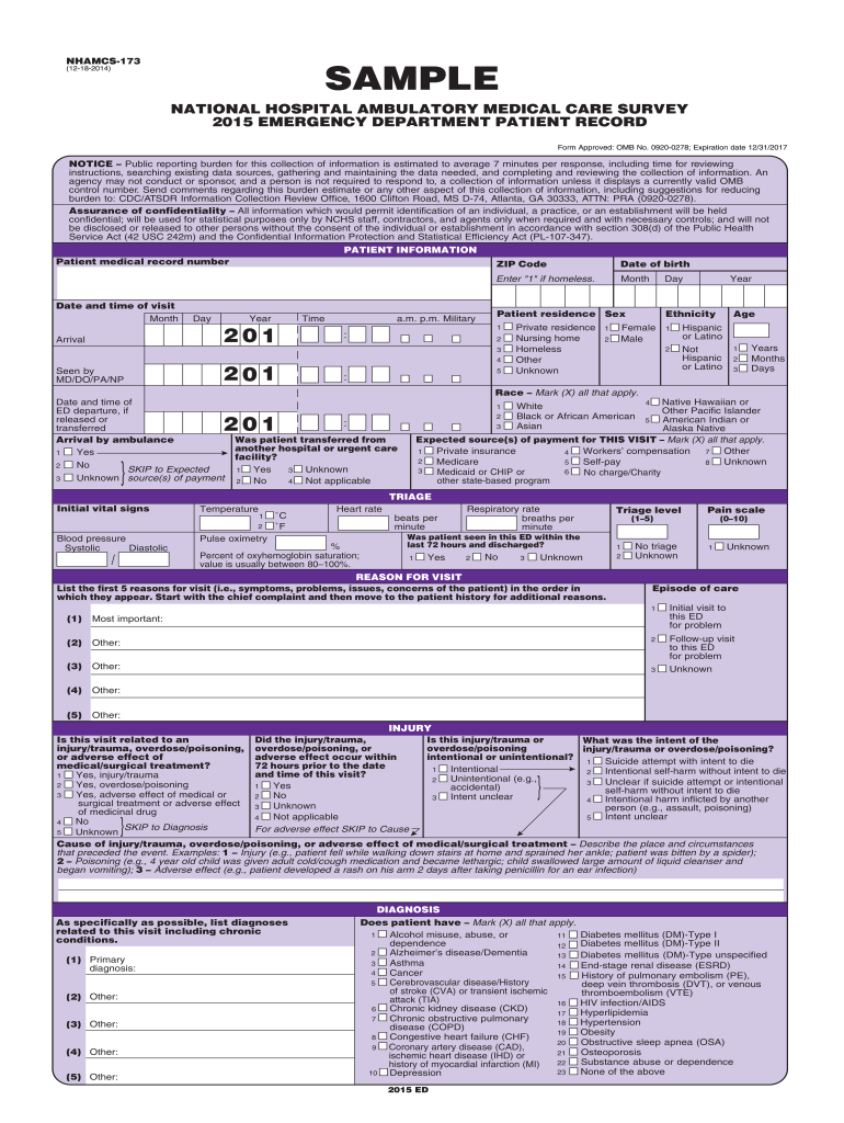  NHAMCS 173 12 18 SAMPLE NATIONAL HOSPITAL AMBULATORY MEDICAL CARE SURVEY EMERGENCY DEPARTMENT PATIENT RECORD Form Approved OMB N 2015-2024