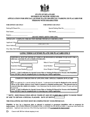 APPLICATION for SPECIAL LICENSE PLATE or SPECIAL PARKING ID PLACARD for Dmv De  Form
