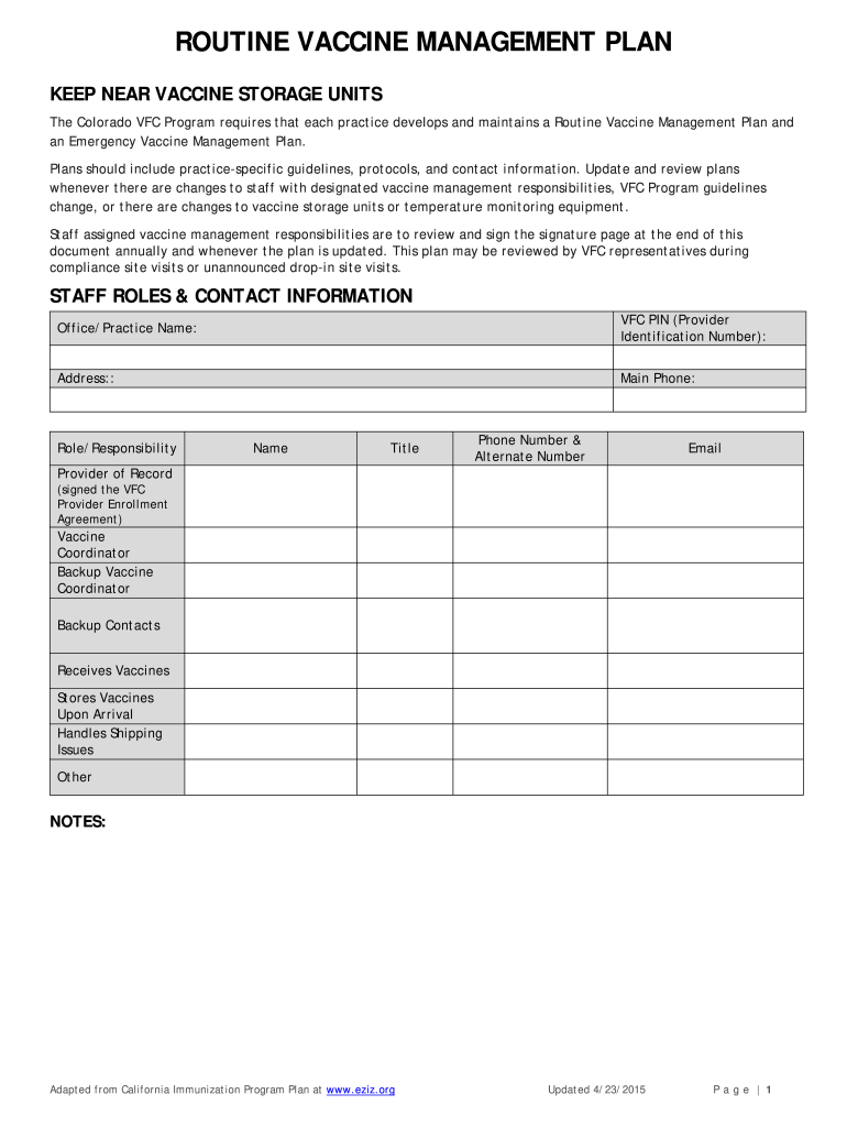 Vaccine Management Plan Template  Colorado Gov  Colorado  Form