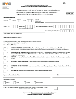 PSE PARENTGUARDIAN STUDENT ETHNIC IDENTIFICATION Nyc  Form