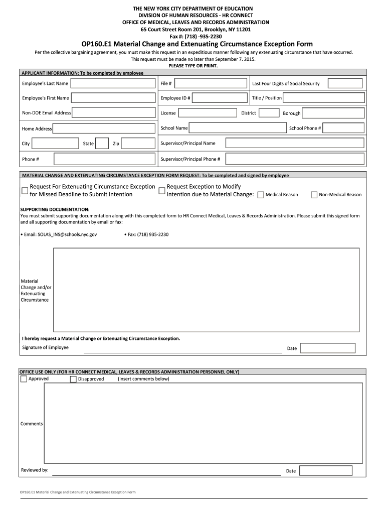 Get and Sign OP160 E1 Material Change and Extenuating Circumstance    Schools Nyc 2015-2022 Form