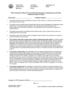  FSIS Letterhead Certificate for Processed Food Preparations Containing Meat and Poultry Fsis Usda 2014