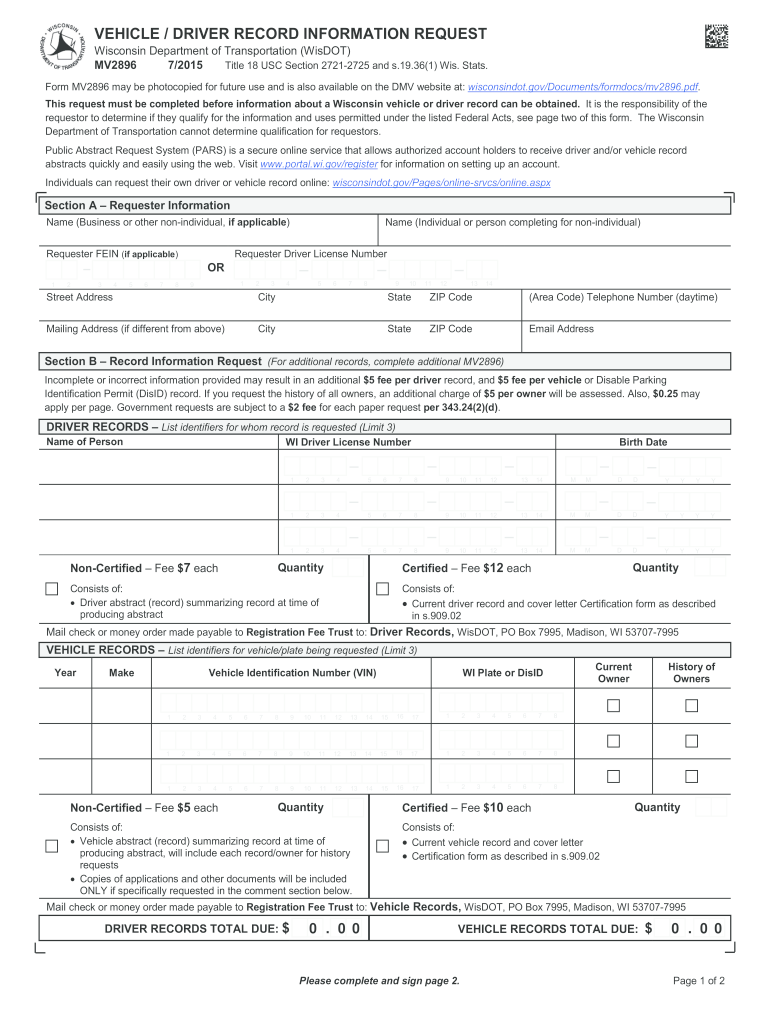 MV2896 VehicleDriver Record Information Request MV2896