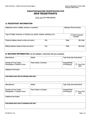 RADIATION MACHINE REGISTRATION FORM NEW REGISTRANTS RH 2261N Cdph Ca