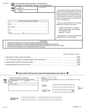 R0011301 TENNESSEE DEPARTMENT of REVENUE FAE 172 QUARTERLY FRANCHISE, EXCISE TAX DECLARATION Account No Tn  Form