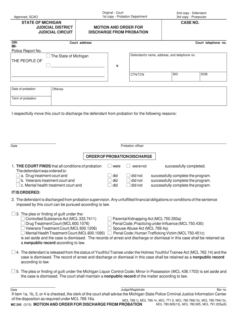 Motion and Order for Discharge from Probation Michigan  Form