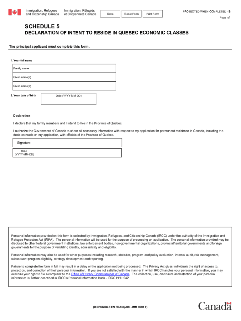  IMM 0008 E Schedule 5 Declaration of Intent to Reside in Quebec Economic Classes Imm00085e PDF 2020