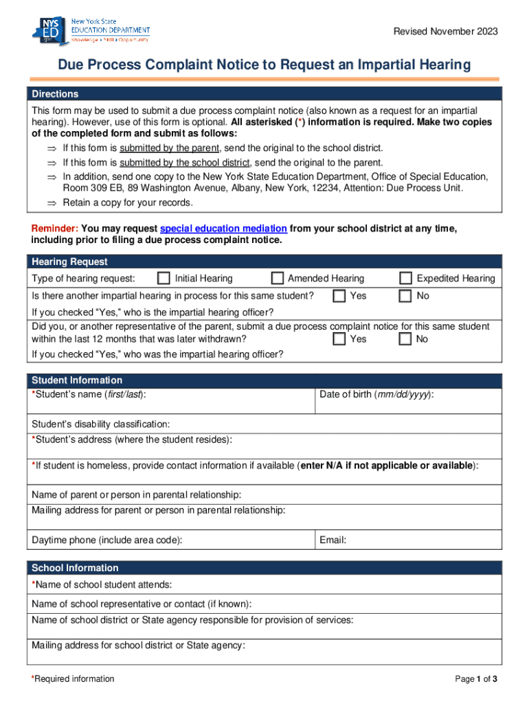 Due Process Complaint Notice to Request an Impartial Hearing  Form