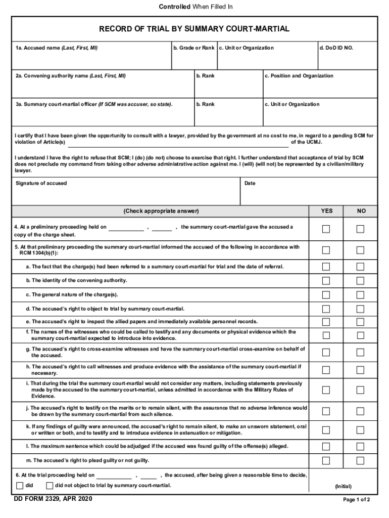  DD Form 2329, Record of Trial by Summary Court Martial, 2020-2024