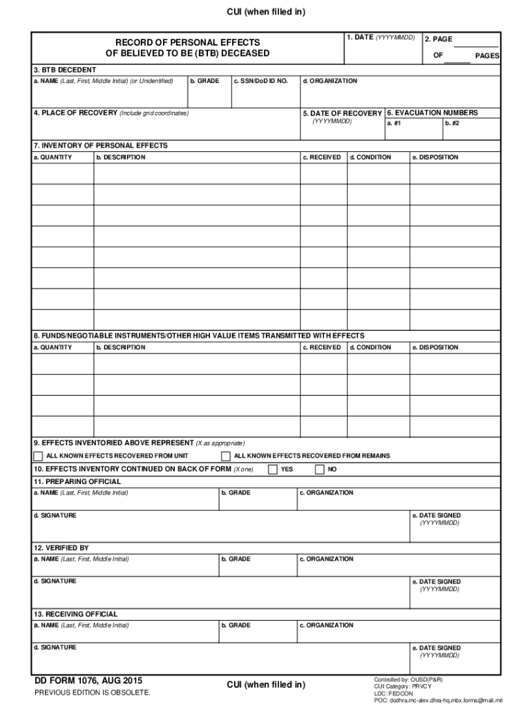  DD Form 1076, &quot;RECORD of PERSONAL EFFECTS of 2015-2024