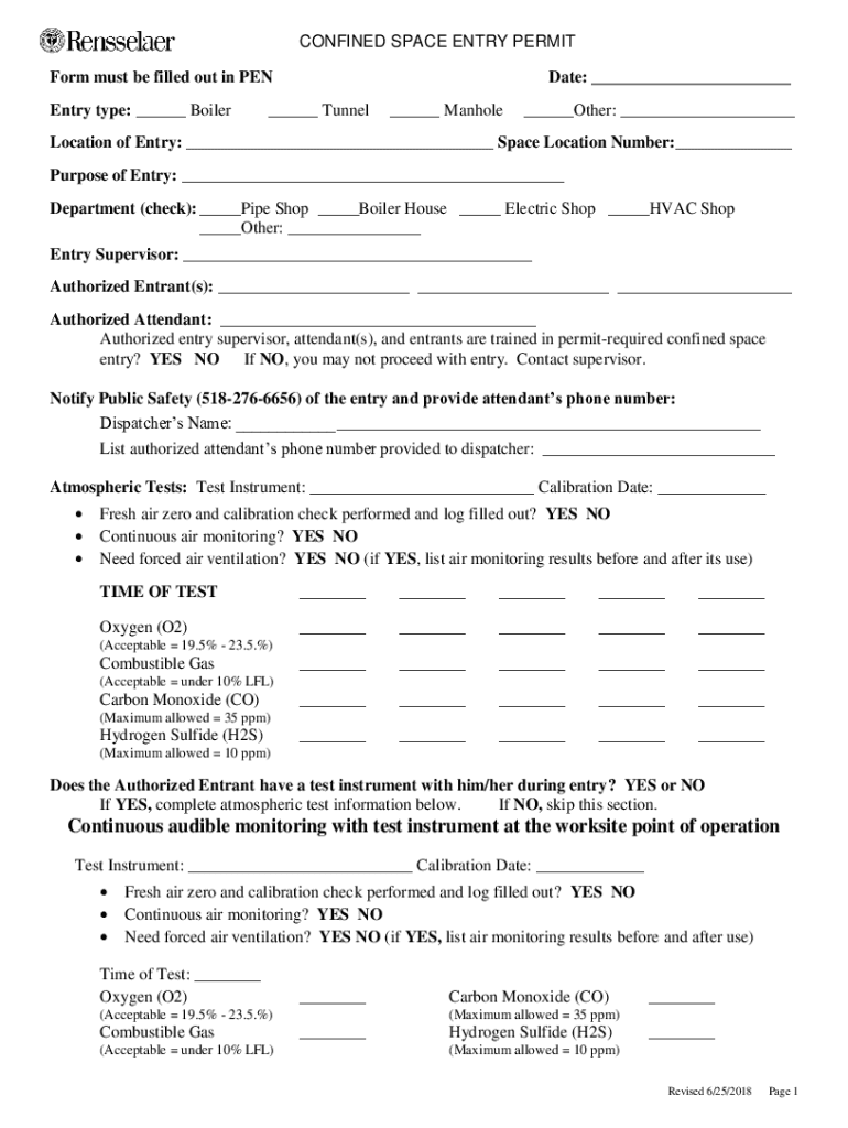 Permit Required Confined Space Entry  Form