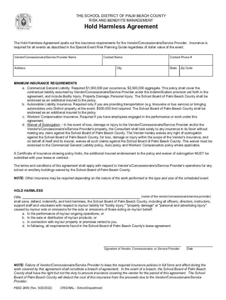 Hold Harmless Agreement Insurance Requirements  Form