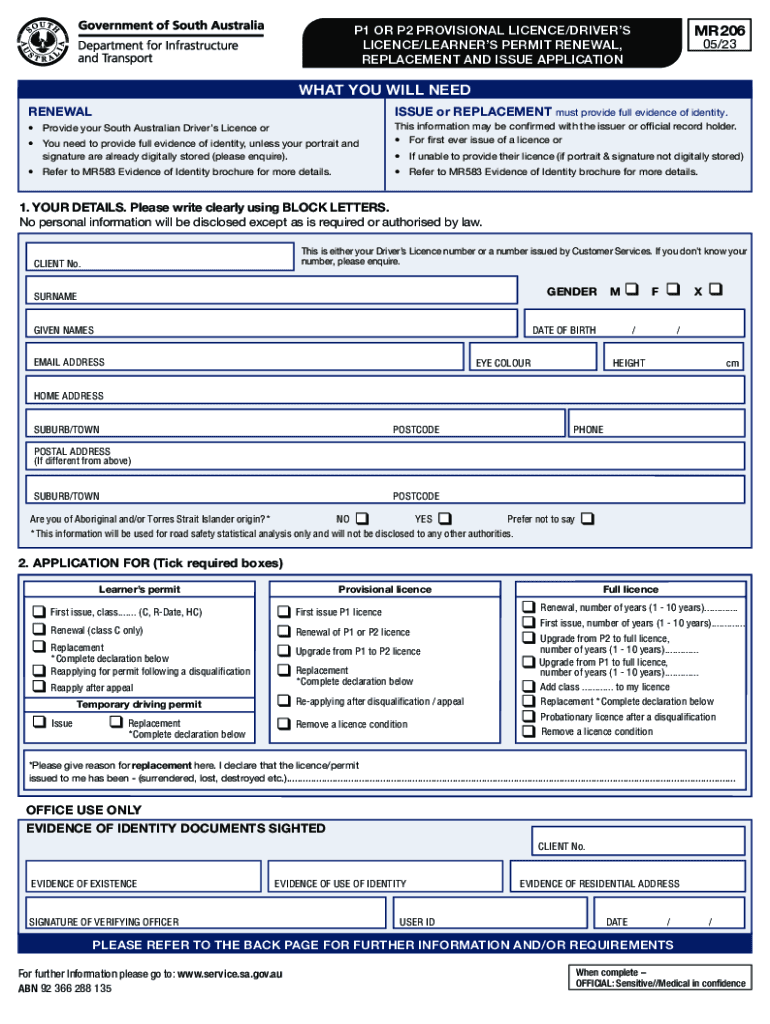  MR206 P1 or P2 Provisional LicenceDrivers LicenceLearners Permit Renewal, Replacement and Issue Application 2023-2024