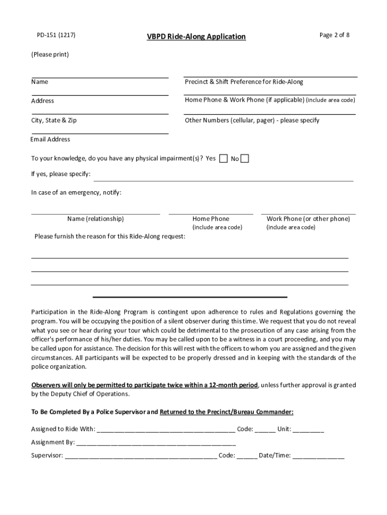 Winchester Police Department Ride along Program  Form