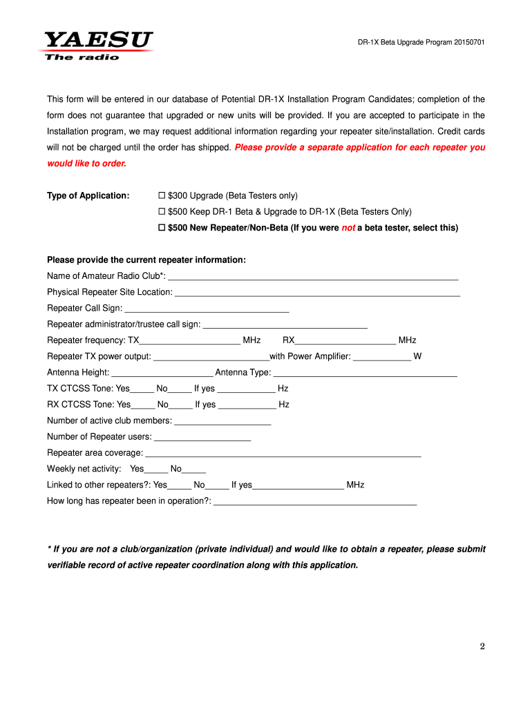  DR 1X Installation Program Application Form  Yaesu 2015