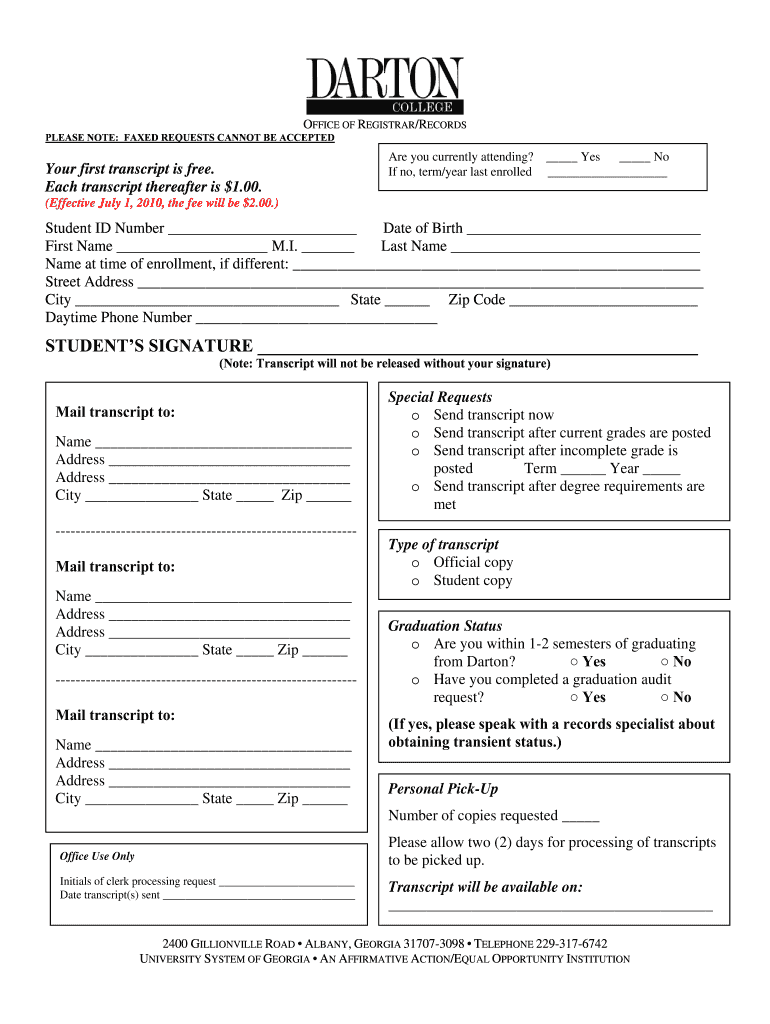 Darton State College Transcript Request  Form