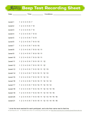 Beep Test Recording Sheet  Form