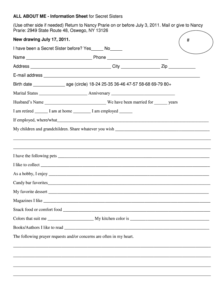 Secret Sister Questionnaire Form Fill Out And Sign Printable PDF 
