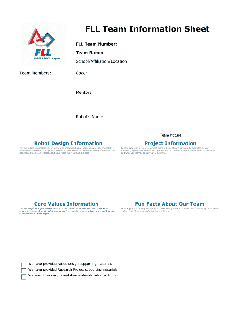 Fll Team Information Sheet