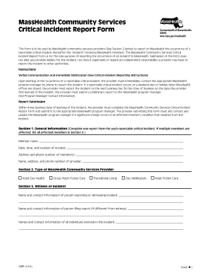 Critical Incident Report Masshealth  Form