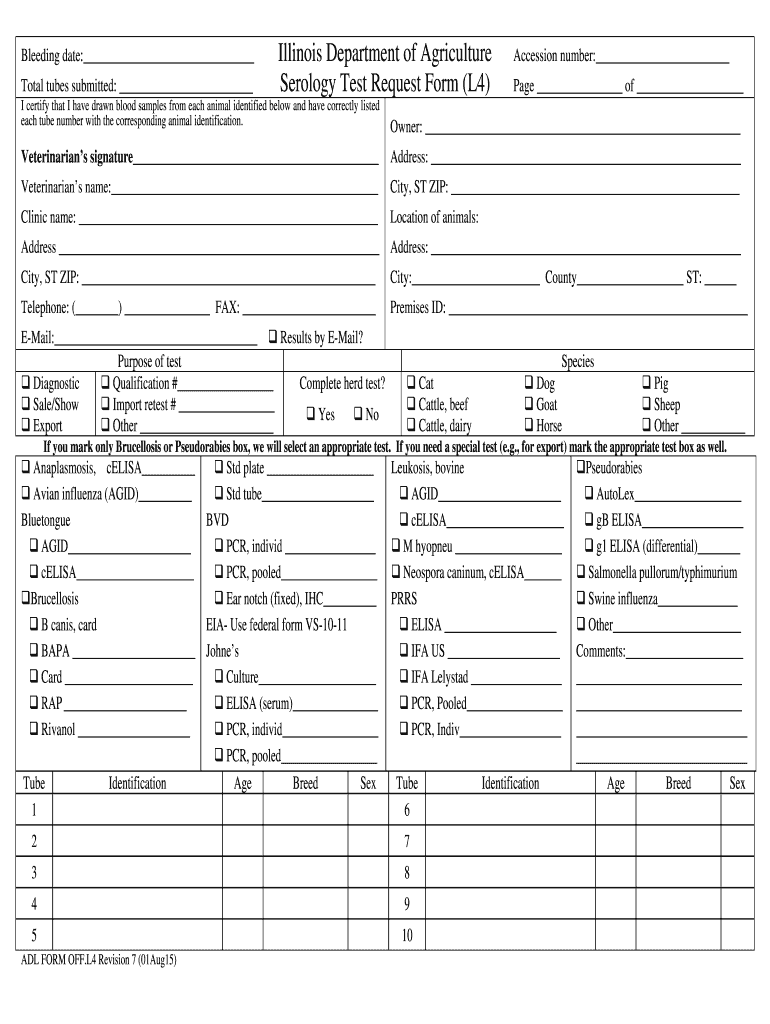  Illinois Department of Agriculture Serology Test Request Form L4 2015-2024