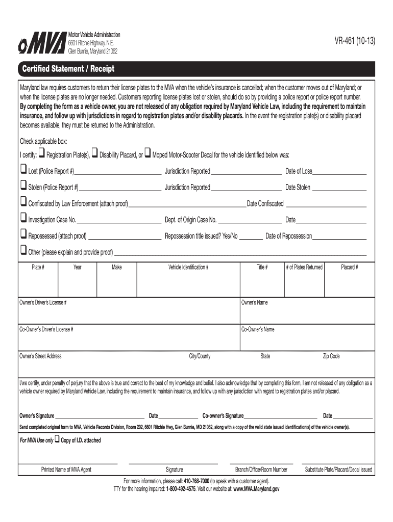 Maryland Vr 461  Form