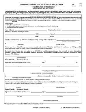 Verification of Residency Osceola County School District Osceola K12 Fl  Form