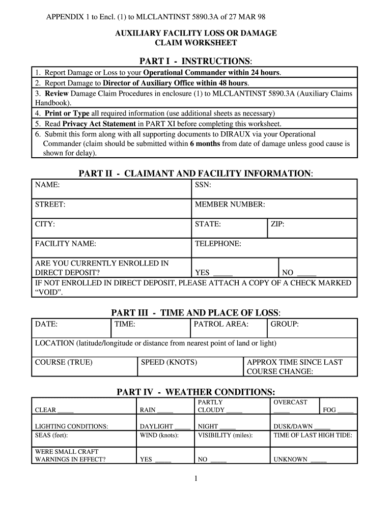  Auxiliary Facility Loss or Damage Claim Form 1998-2024