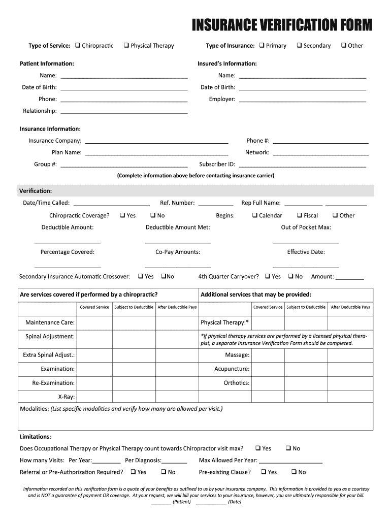 INSURANCE VERIFICATION FORM Money Tree Billing