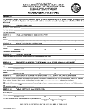 Warehouseman's Lien California Mobilehome  Form