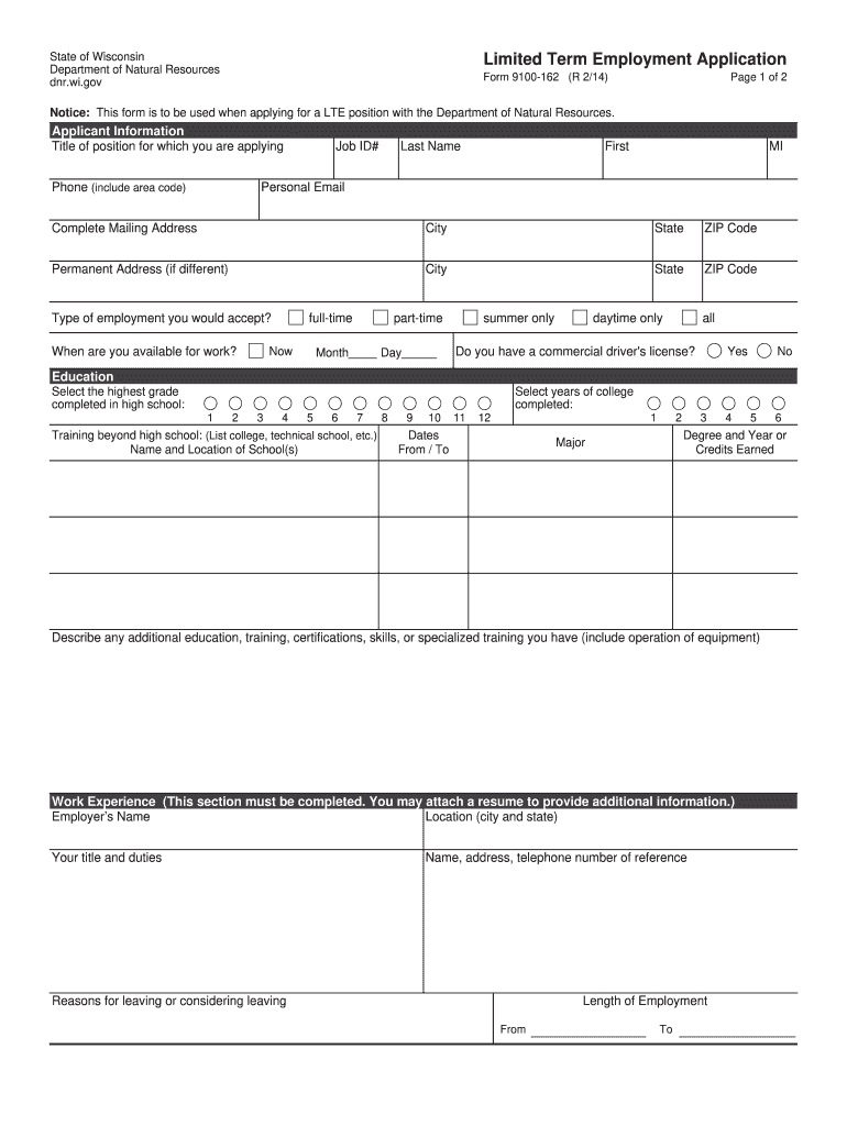 Form 9100 162 Limited Term Employment Application Form 9100 162 Limited Term Employment Application Dnr Wi