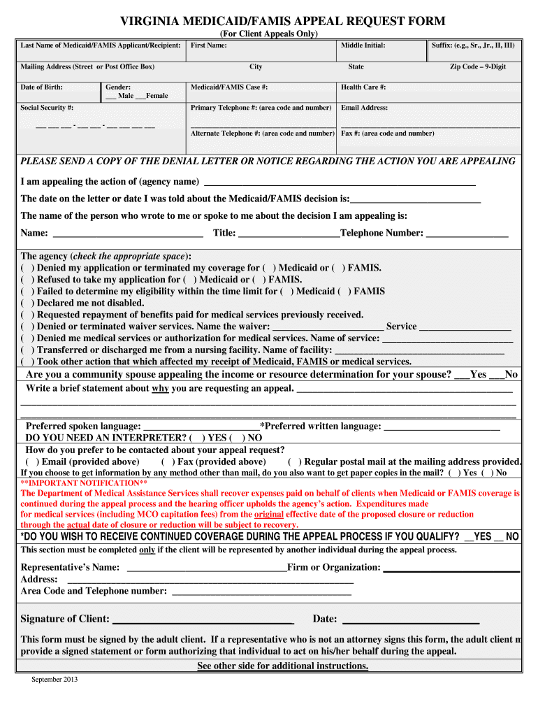  MedicaidFAMIS Appeal Request Form Dmas Virginia 2013